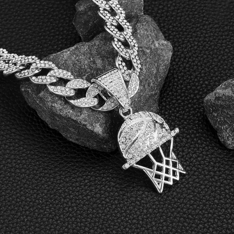 Rhinestone Hollow Basketball Pendant Necklace, Unisex Cuban Link Zinc Alloy Chain, Elegant Sports Fashion Jewelry Gift, Elegant Rhinestone Necklace, Cuban Link Design, Valentine's Day, 14 Years+, 45Cm, Rhinestones