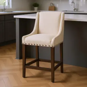 360 stand Counter Height Bar Chair - 43x23.50x20.50 in. Cream & Brown Fabric, Solid Wood, Full Back, Rectangle, Transitional, Armless Counter Height Chairs