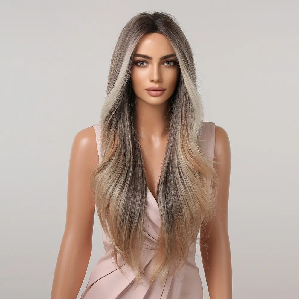 Ariel-DWY Long-length Wave Gery Brown Mixed Glueless Synthetic Wig for Women 28 Inches