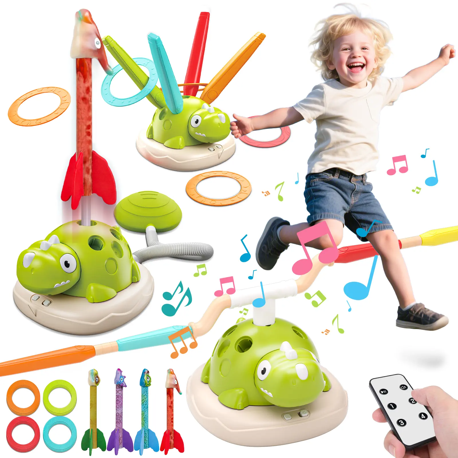 Unisex 3-in-1 ABS Dinosaur Active Play Toy for 3-8 Years Kids (DSM3320) - Multi-Games Set with Jumping Game, Ring Toss, Stomp Rocket, Remote for Stress Relief, Enhance Coordination, Encourage Physical Activity, Playtime at School, Outdoor