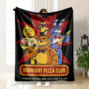 Five Nights at Freddy's Blanket Midnight Pizza Club Print FNAF Freddy Fazbear Bonnie Chica Foxy Arcade Band Vintage Gamer Art Soft Warm Fuzzy Throw Perfect for Gamer Room Dorm Bedroom Sofa Gift for Kids