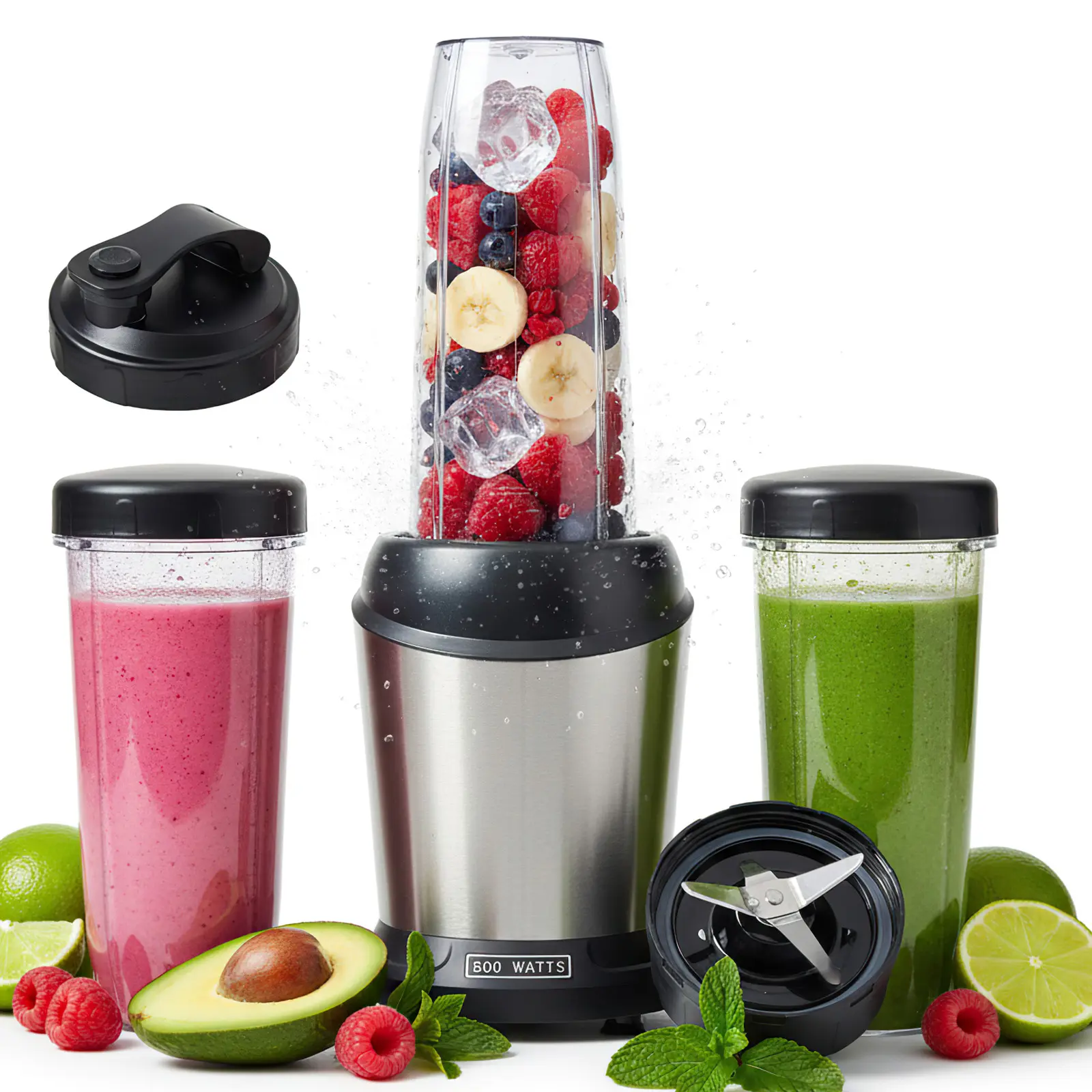 Personal Blender With Travel Cups, 800W Peak Power Motor Crushes Ice And Frozen Fruit, Removable Stainless Steel Blade Easy Clean, One Touch Operation For Smoothies And Shakes, Perfect For Gym And Work