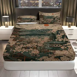 3Pcs Sakura Landscape Japanese Fitted Sheet Three Piece Set (1*Fitted Sheet+2*Pillowcases, Coreless), Seasonal Theme, Cherry Blossom Bedding Set, Mattress Protector Soft, Breathable