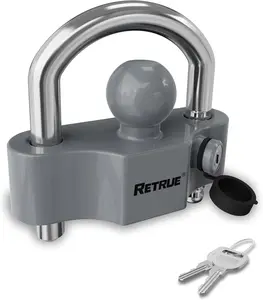 RETRUE Heavy-Duty Universal Coupler Lock Trailer Locks Ball Hitch Trailer Hitch Lock Adjustable Security Steel Fits 1-7/8 Inch, 2 Inch, 2-5/16 Inch Couplers Grey & Silver