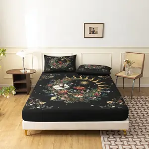 3pcs Black Bohemian Golden Sun Fitted Sheet Set, Whimsical Botanical Wildflower Bedding for Nature Lovers, Four-season Luxury Printed Bedding Set for Home or Dorm(1 Fitted Sheet+2 pillowcases,No Pillow)