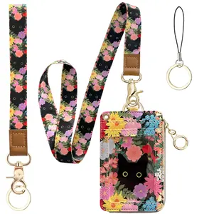 Black Cat Flower Lanyard Wallet,Pu Leather Women Zid ID Case with Lanyards,Cute Neck & Wrist Lanyard Keychain for Women, Teacher, Nurse, Office Name Tag Badge Holder ID Card Holder