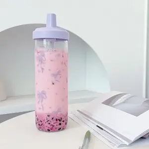 Bowknot High Aesthetic Milk Tea Glass Cup with Straw, Borosilicate Glass Water Bottle for Students, Casual Style Drinkware, Reusable Water Bottle