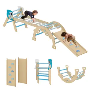 Pikler Triangle Set, 4 in 1 Toddler Climbing Toys Indoor with Ramp, Arch and Ladder, Montessori Climbing Set with Wood Construction, Jungle Gyms for Toddlers 1-3, Baby, Kids, Blue
