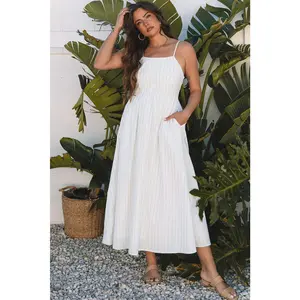 Stripe Spaghetti Strap Pocketed High Waist Maxi Dress