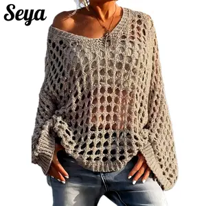 Seya Women's Casual V-Neck Long Sleeve Loose-Fit Knit Top - Hollow-Out Polyester Fabric, Hand Washable, All-Season Style, Flounce Sleeves, Festival Vibe, Outdoor Cover-Up for Beach, Daily Wear Sheer Mesh Crochet Poncho