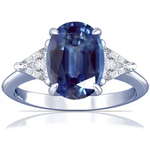 AGL Untreated Blue Sapphire Oval and Diamond Three Stone Ring - (14k White Gold)- R61617REBS