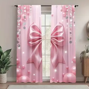 Valentine's Day Bow Print Curtains, Rod Pocket Design, Easy to Hang, Suitable for Living Room and Bedroom, Home Decor Enhancement, Home Decoration Curtain
