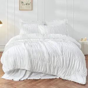 Size  3 count Ruffle Comforter Set with Pillow in White - Soft and Luxury Boho Shabby Chic Bedroom Comforter
