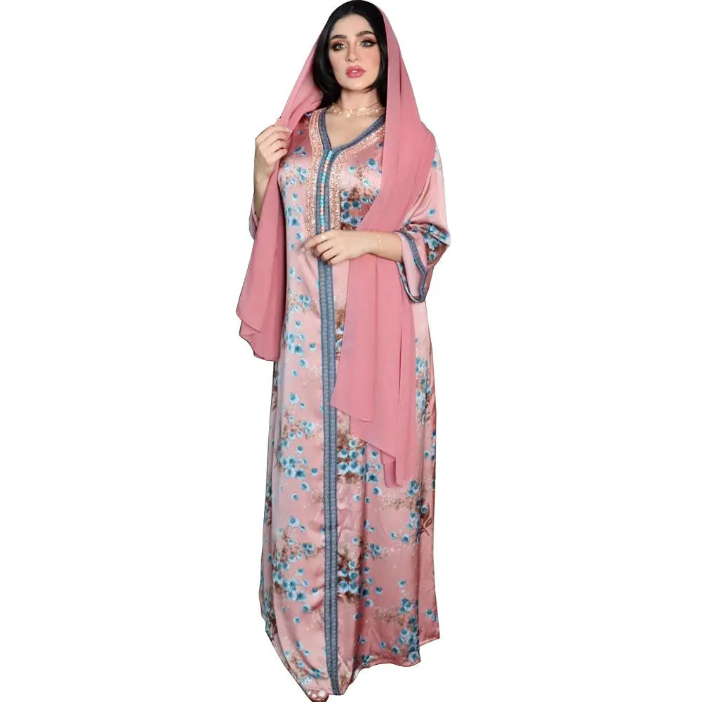 Women's Modest Dubai-Style V-Neck Abaya - Elegant Islamic Clothing, Polyester Blend, Loose Fit, Floral Print Diamond-Embellished Maxi Length Dress, Long Sleeves, Embroidery, Breathable, 2XL, All Seasons, Casual, Muslim Hijabi Prayer Outfits