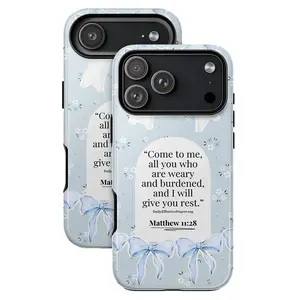 Matthew 11:28 Pastel Blue Phone Case – Soft & Elegant TPU Cover, 'Come to Me...' Bible Verse, Cute Butterfly Bow Design, Shockproof Protection, Meaningful Christian Gift, Fits iPhone X-17 Plus/Air/Pro Max/Pro& Samsung S21-S25 Ultra Plus FE