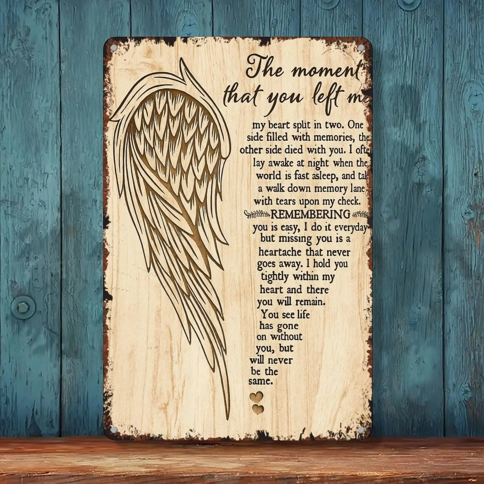 8x12 Inch Vintage Metal Memorial Tin Sign - Angel Wing Grief Poem Wall Plaque, Light Wood Grain Sympathy Home Decor, Easy-to-Hang Bereavement Remembrance Gift for Memorial Rooms