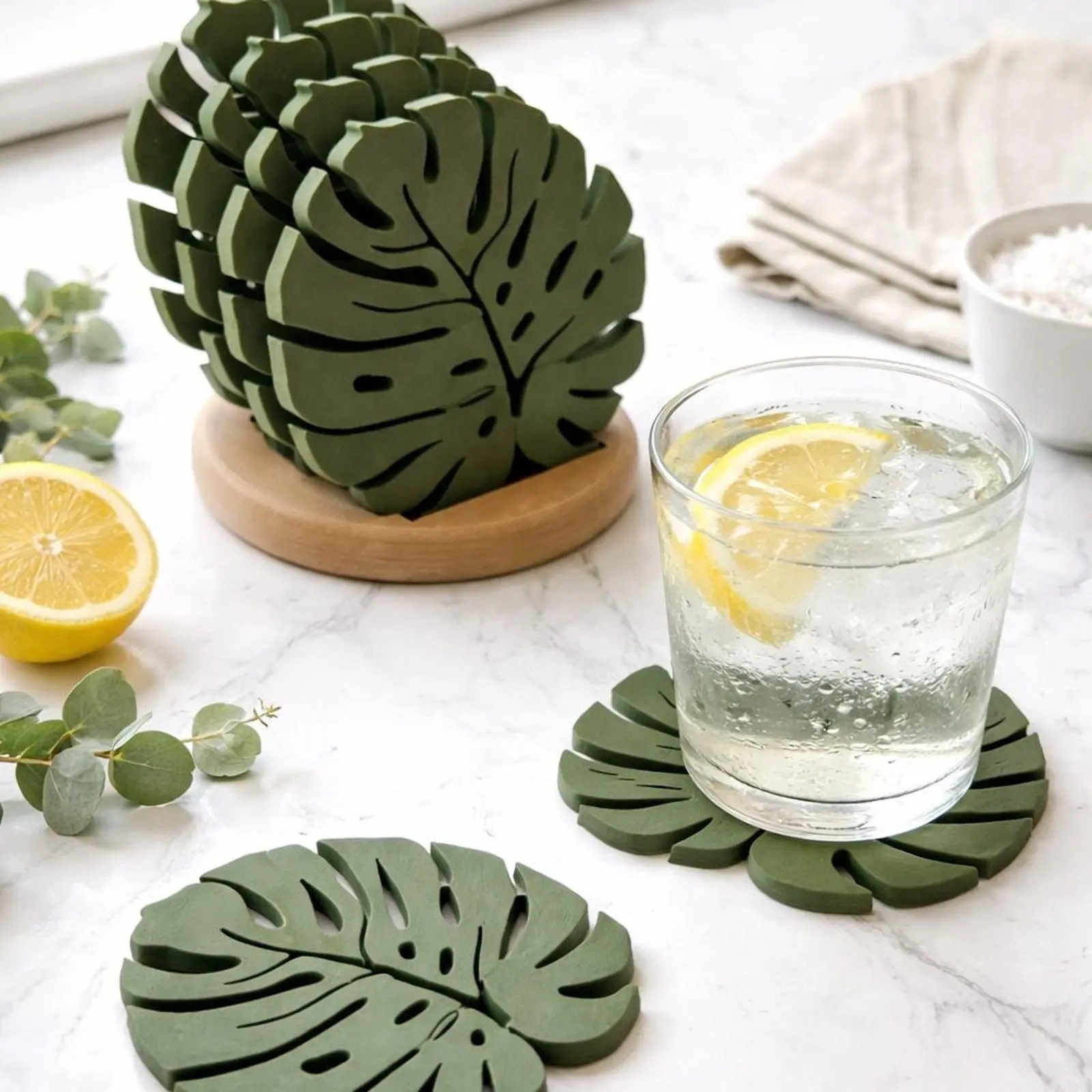 5PCS Monstera Leaf Decorative Coaster Set, Non-Slip Heat Resistant Silicone Drink Coasters, Coasters for drinks, Tropical Green Plant Home Decor, Cup Mats for Coffee Table, Unique Gift for Plant Lovers, Housewarming Kitchen Accessories, Base included
