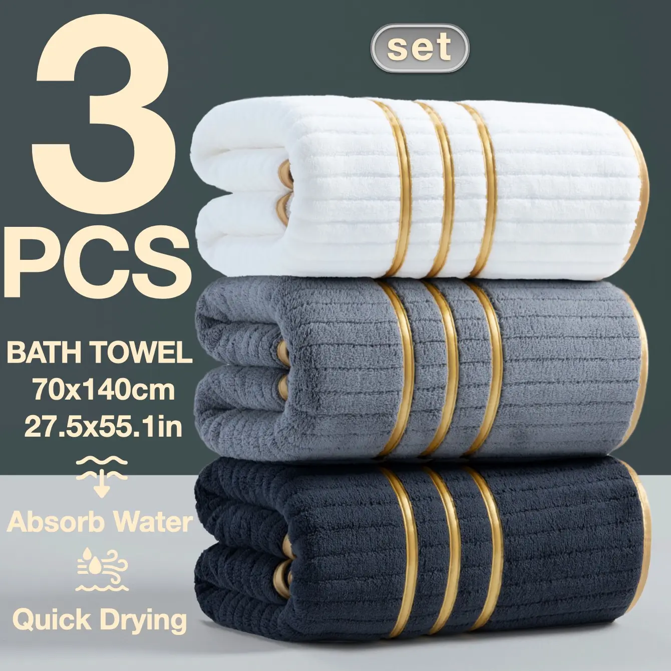 3-Piece Large Bath Towels Premium Towel Set Edges High-Quality Embroidery Decoration Thick Gsm300 Size 70x140cm Quick-Dry Strong Absorbent Quick Drying Towel Soft Absorbent Towel