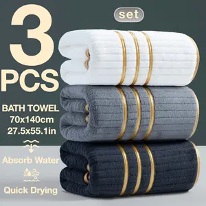 3-Piece Large Bath Towels Edges High-Quality Embroidery Decoration Thick Gsm300 Size 70x140cm Quick-Dry Strong Absorbent