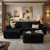 Black Plush Corduroy Left Chaise