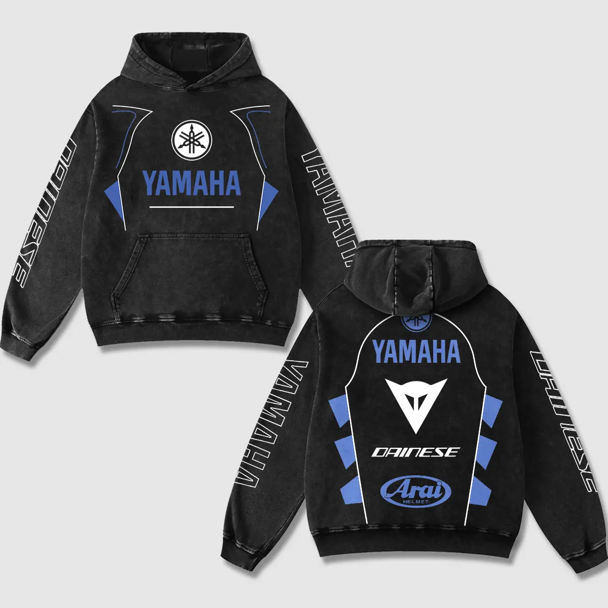 Retro Dainese x Yamaha Racing Acid Washed Hoodie MotoGP World Champion Enthusiast Apparel Streetwear Racing Team Motorcycle Clothing Motobike Riders Supermotor Off-Road Dirt Bike Fan Gear Cotton For Motor Fan