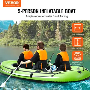 Inflatable Boat, 5-Person Inflatable Fishing Boat, Strong PVC Portable Boat Raft Kayak, 45.6" Aluminum Oars, High-Output Pump, Fishing Rod Holders, and 2 Seats, 1100 lb Capacity for Adults, Kids