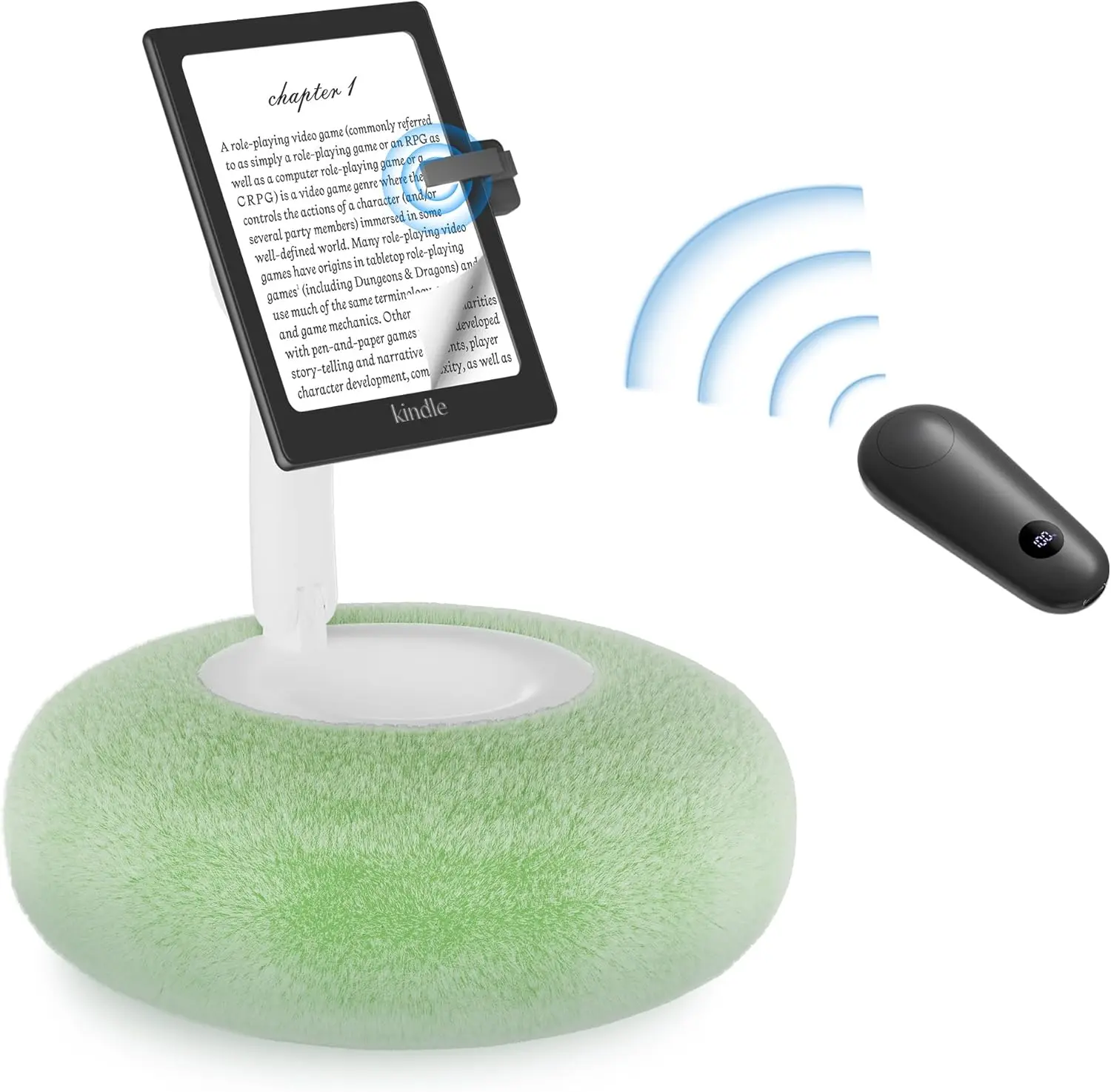 Kindle Holder with Page Turner, Cozy Pillow Kindle Stand for Reading, 360 Adjustable Phone Holder for Bed, Small Bowl for Tablet Stand with  Suction Base (Green)