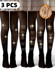 3-Pack Winter Girls Heart Butterfly Star Rhinestone Thick Fleece Warm Leggings, Thermal Winter Tights, High Stretch Dance Socks, Holiday Birthday Party Gift, Girly