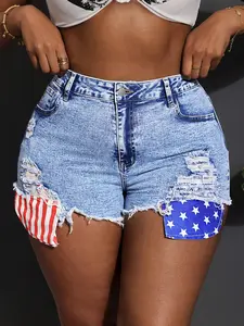 Women's High-Waisted Distressed Jean Shorts with American Flag Patchwork, Graphic & Geometric Details - Beach, Everyday Women's Bottoms Summer Clothing