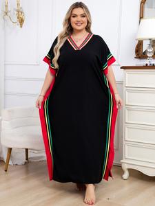 【plus size】 patchwork print batwing sleeve kaftan dress, boho modest casual v neck split hem long dress, moo moo dresses, women's plus clothing for summer daily wear