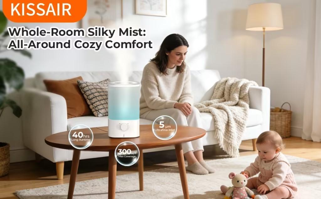 KISSAIR 3.2L Top Fill Cool Mist Humidifier | 40H Runtime Ultra Quiet <28dB | Baby Nursery & Plant Safe | BPA-Free 3-IN-1 Humidifier