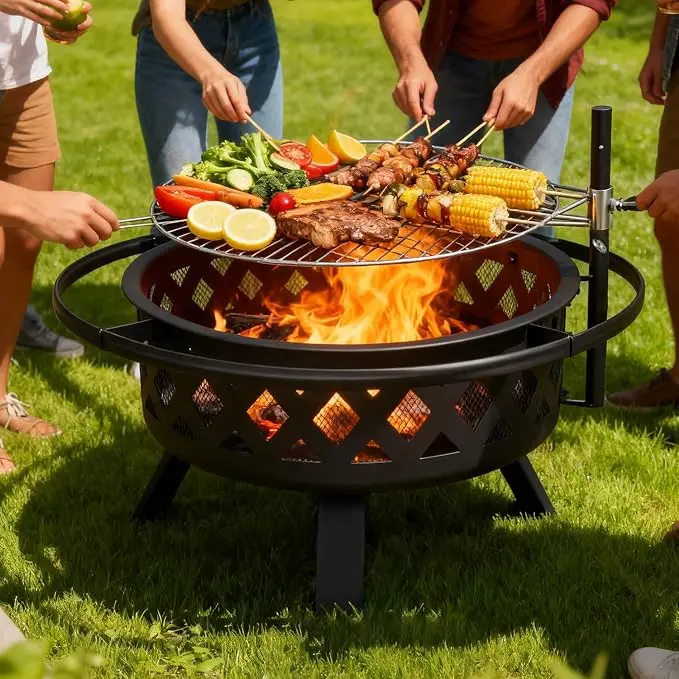 Aoxun 2-in-1 Wood Burning Fire Pit Set - 30" Steel Bowl with 360° Adjustable Grill, Outdoor Patio Heater for BBQ, Camping, Garden Use, Outside Patio Charcoal Log Burner