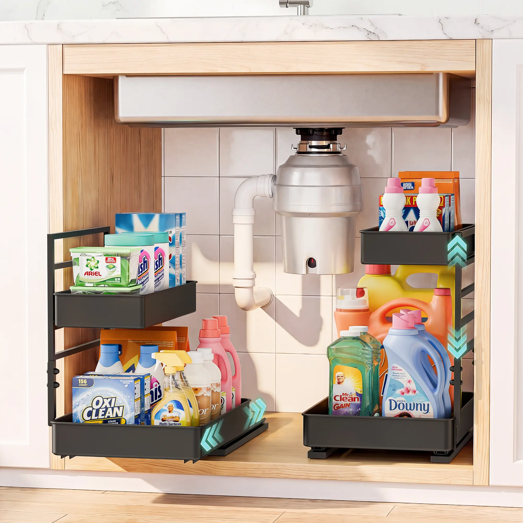 EVERIE 2-Pack Adjustable Metal Storage No-Drill Under-Sink Pull-Out 2-Tier Iron Racks - Smooth Slide Mechanism Kitchen/Bathroom Cabinet Organizers, 50 lbs Capacity Multi-Purpose Utility Holder, Two Tier