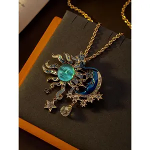 A Vintage Exaggerated Sun God Face Star Moon High-End Sense Of Lake Blue Pendant Necklace Detachable Heavy Work Fashion Sweet And Cool Dreamy Brooch And Cors.