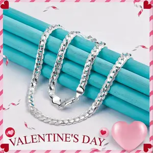 Fashion Necklace 6MM 925 Sterling Silver plated Chain Jewelry Flat Cuban Curb Chain Gift for Men Women Decoration Silver Convenient Valentine‘s gift