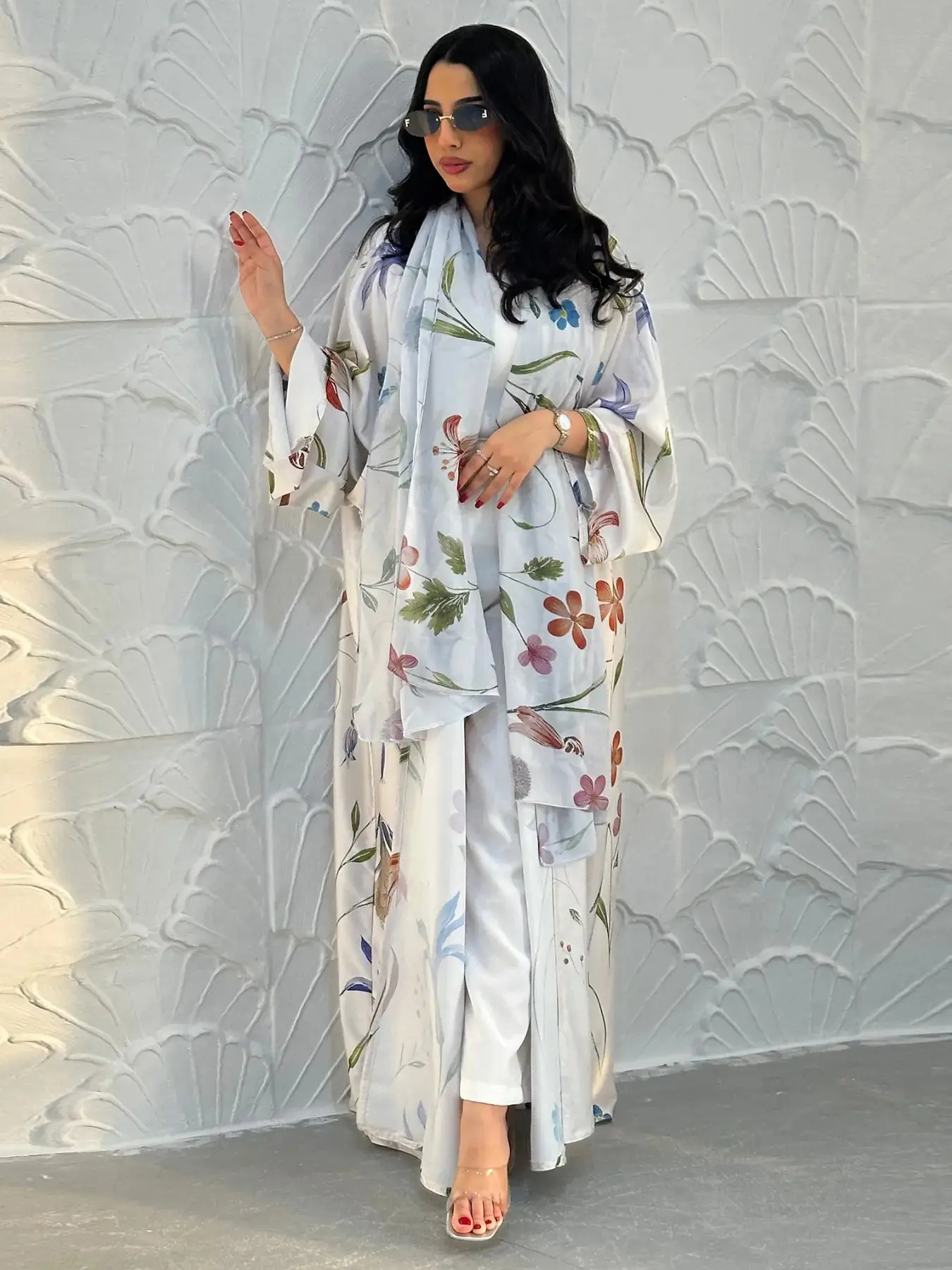 New Muslim Women's Loose Fit Open Front Robe, Printed Two-Piece Set with Headscarf, Casual Daily Wear, Comfortable and Stylish, Floral Abaya Set