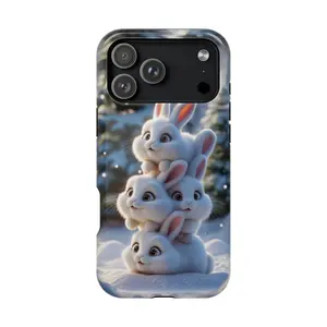Cute Bunny Stack Phone Case – Kawaii White Rabbits in Snow, Cute Phone Case, Funny Gift, Gift for Women, Mom, Sister, Friend, Him/ Her, Birthday - iP Xr, 11, 12, 13, 14, 15, 16, 17, S21, 22, 23, 24, 25 - Tough Case, MagSafe, Phone Case