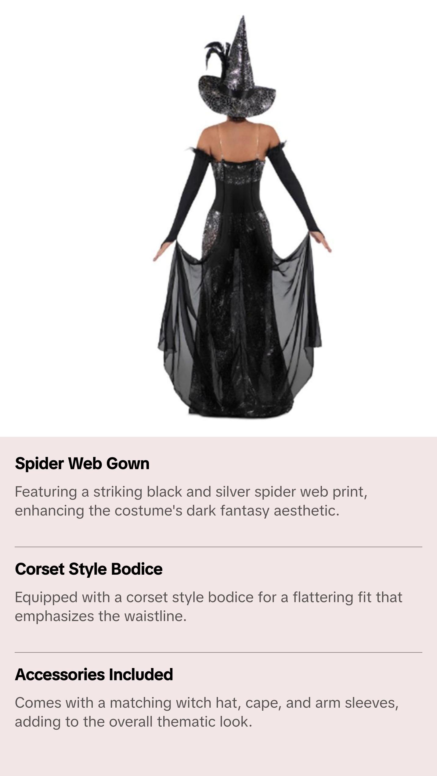 Raven Witch - Black & Silver - Spider Webs - Deluxe Costume - Adult - 3 Sizes