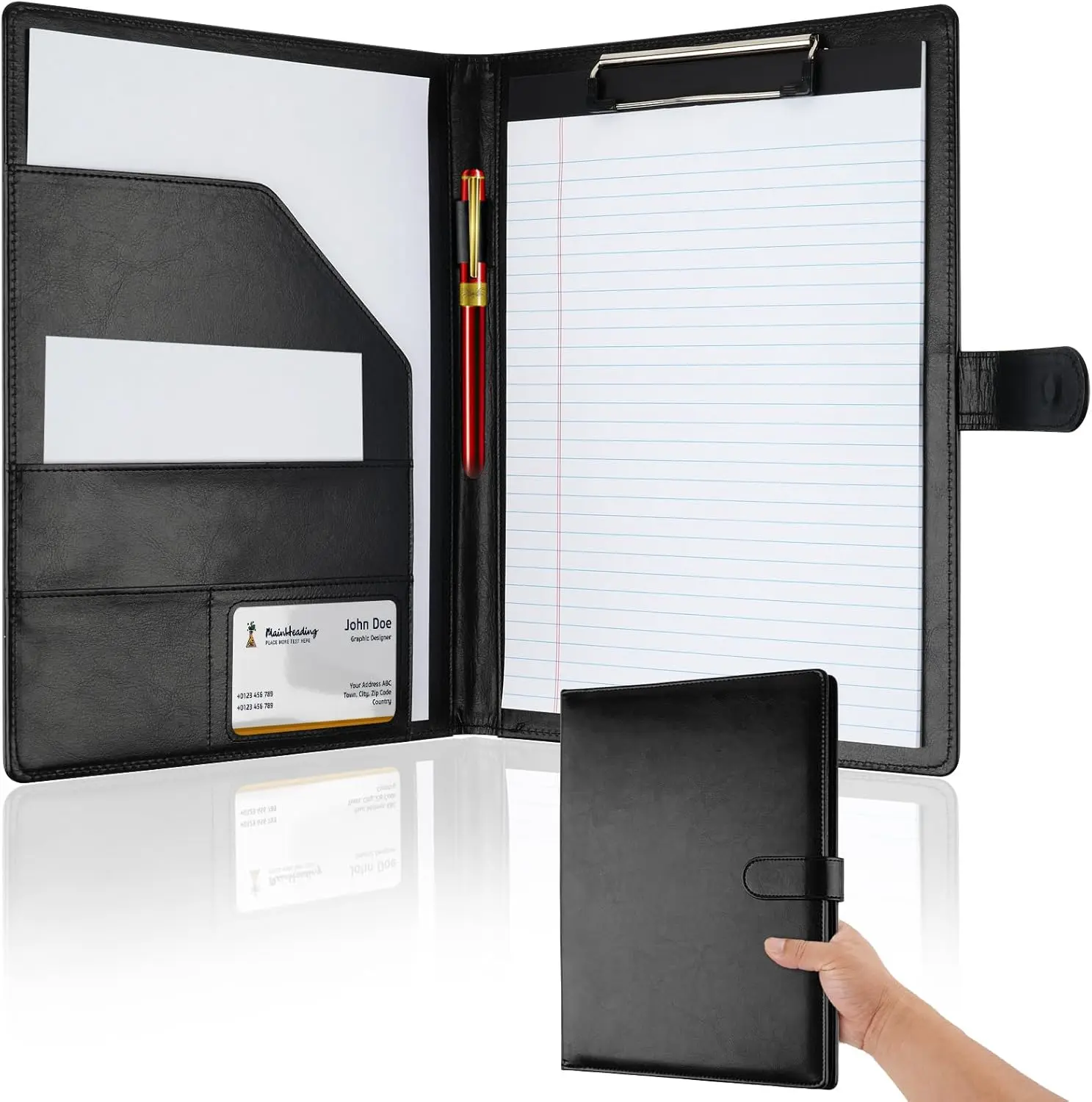 Professional Padfolio with Clipboard, Faux Leather Portfolio Folder Binder | Black Legal Pad Holder for A4 Letter Size Notepad, Resume, Notebook Cover Organizer for Business Office Conference MOWPOG