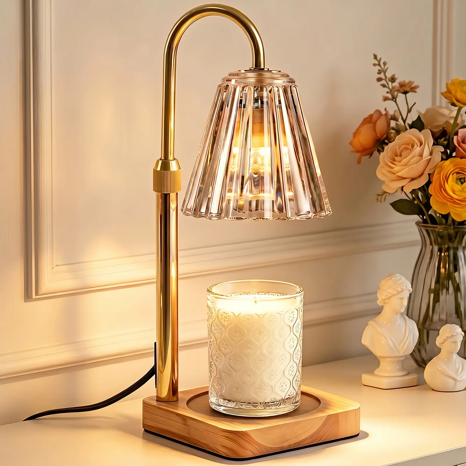 Marycele Vintage Farmhouse Walnut Wooden Candle Warmer Lamp with Timer, Dimmer, Adjustable Height - Metal & Glass Accents, Yankee Candle Compatible, Office & Home Decor, Women's Birthday Gift, Back To School