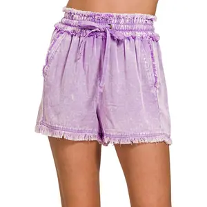 Zenana Mineral Frayed Hem Washed Shorts