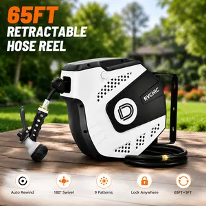 RVCHIC 65FT Auto Rewind Garden Hose Reel, Wall Mounted Retractable Water Hose with 5FT Leader Hose, Slow Return System, 180° Swivel Bracket, 9-Pattern Spray Nozzle, Heavy Duty Hose Reel for Car Wash, Yard, Patio & Garden