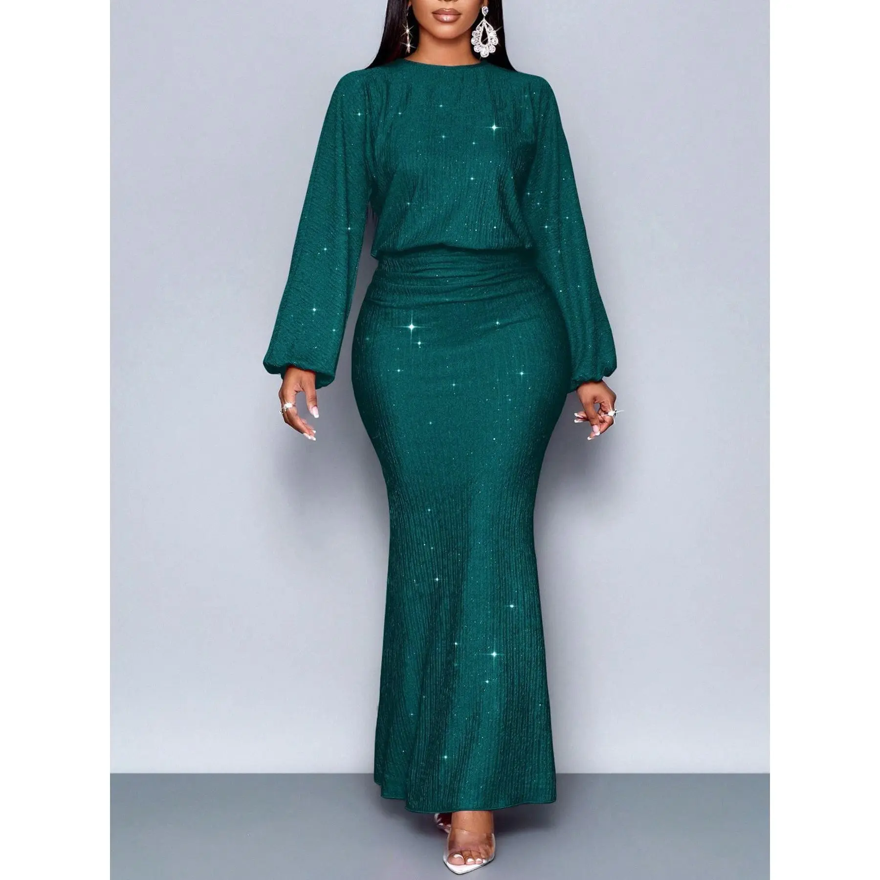 Women's Formal Dresses Bundle: Plus Size V-neck Longsleeves High Waist Mermaid Evening Gown, Cowl Neck Smocked Ruffle Mini, Off-Shoulder Knit Sweater, Messy Bun Coffee Shoulder Ribbed XXL Striped Sleeveless Maxi (for Rehearsal Dinner, Quince), Regular