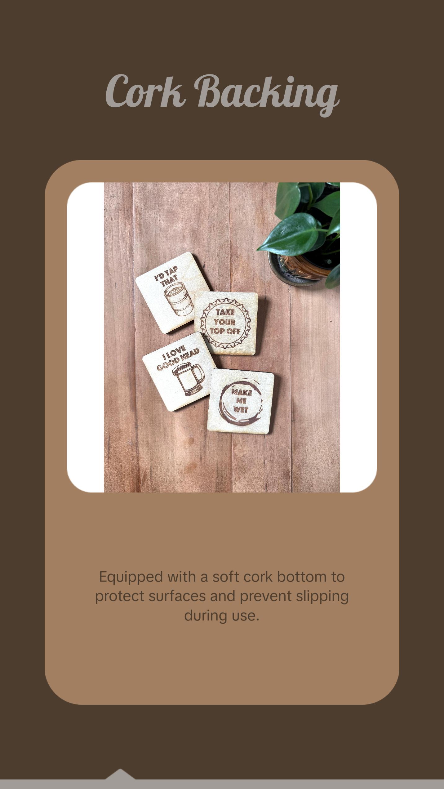 Beer Coasters | Set of 4  | Laser Engraved Real Wood Drink Coaster with Cork Backing - Housewarming Gift