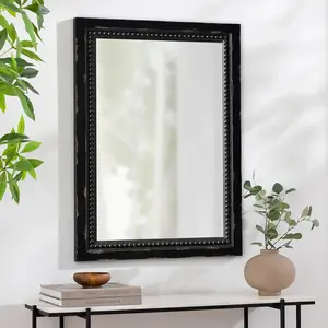 Rustic Black Mirror 20 X 29 Inch, Wall Hanging Distressed Wood Frame Bathroom Mirror with Beaded Detailing, Farmhouse Rectangular Wall-Mounted Mirrors, Horizontal or Vertical Decor Wooden