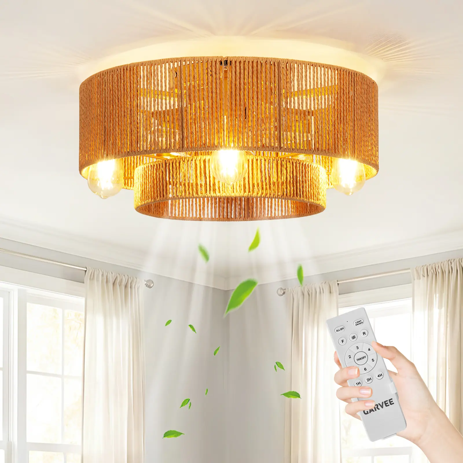20 in Boho Rattan Caged Flush Mount Ceiling Fan with Light - Quiet Motor, 6 Reversible Speeds, Remote Control, E26 Base, Hand-Woven Farmhouse Decor for Bedroom, Modern Homes (Boho Charm), Rattan Weave