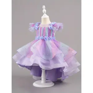 (New)[ Back to School Season ] Girls' Dress with Short Front And Long Tail Design, Gradient Contrasting Star Glitter Decoration, Suitable for Wedding Flower Girls, Graduation Ceremonies, Dance Parties, Talent Shows, And Photography Costumes