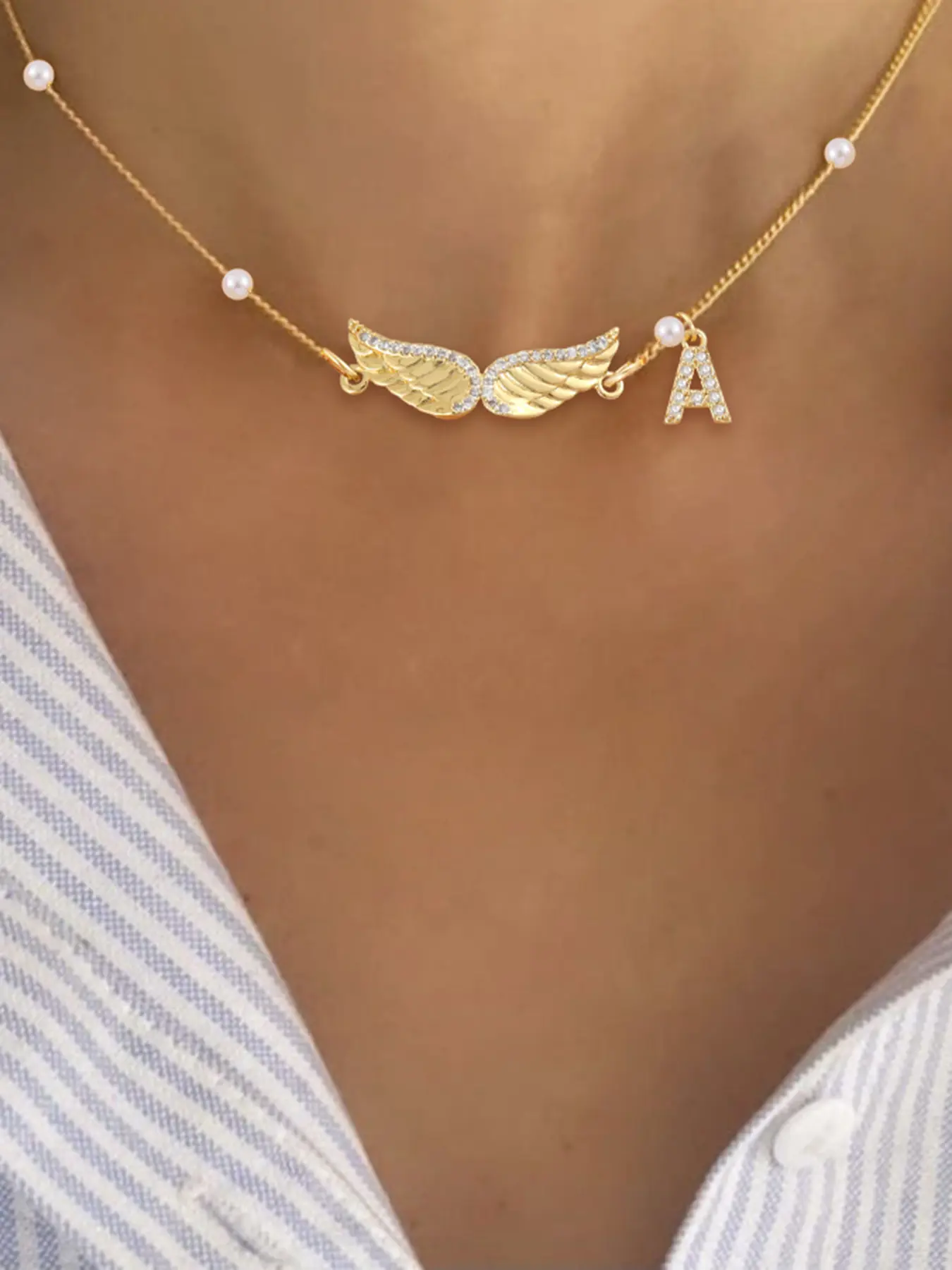 1Pcs Pave Zirconia Wing Initial Pendant Necklace For Women Simple Fashion Bead Chain Necklace For Women