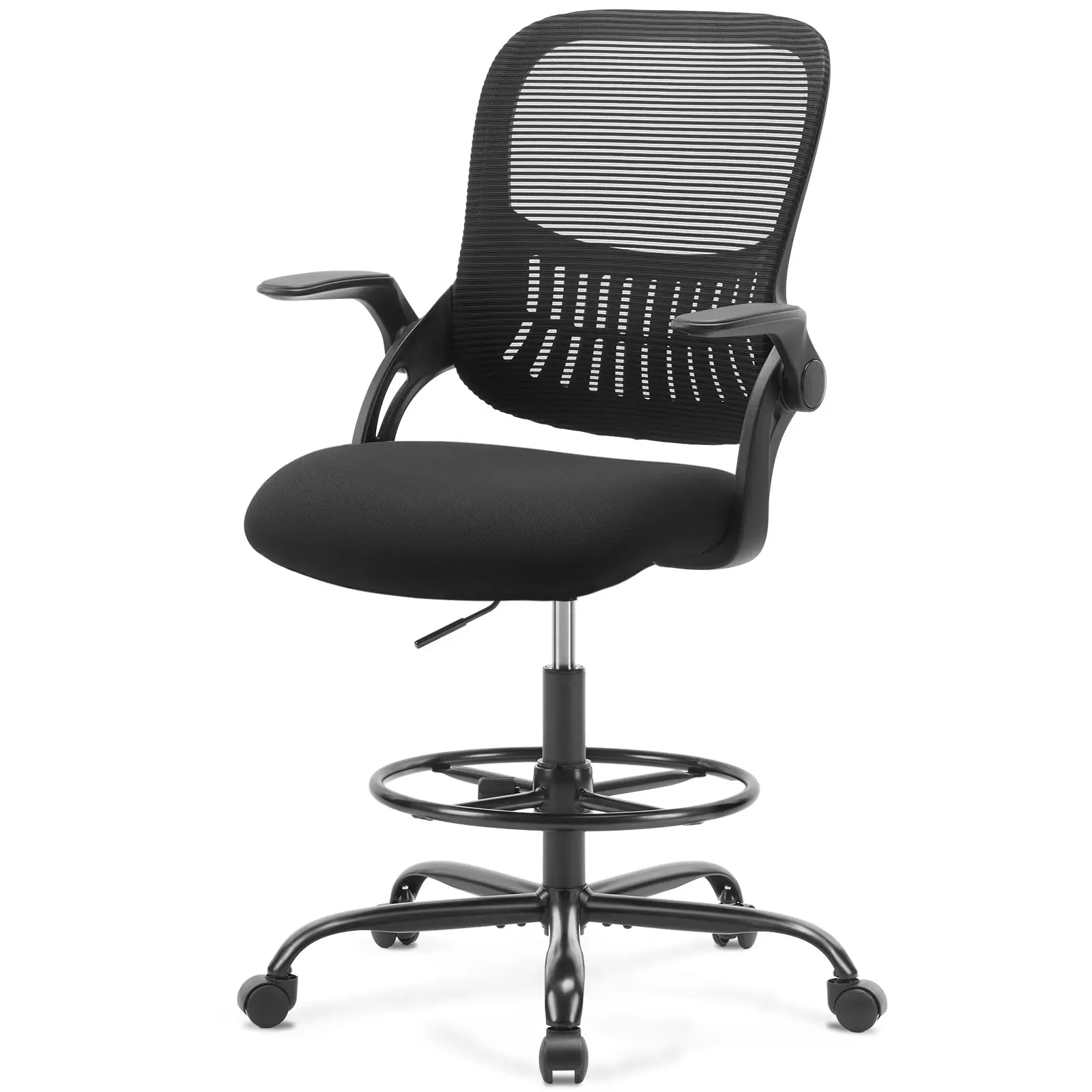 Tall Drafting Desk Chair - Ergonomic High Stool Computer with Adjustable Height and Comfy Lumbar Support, Office Rolling Counter for Standing Desk with Flip-up Arm and Footrest, Black