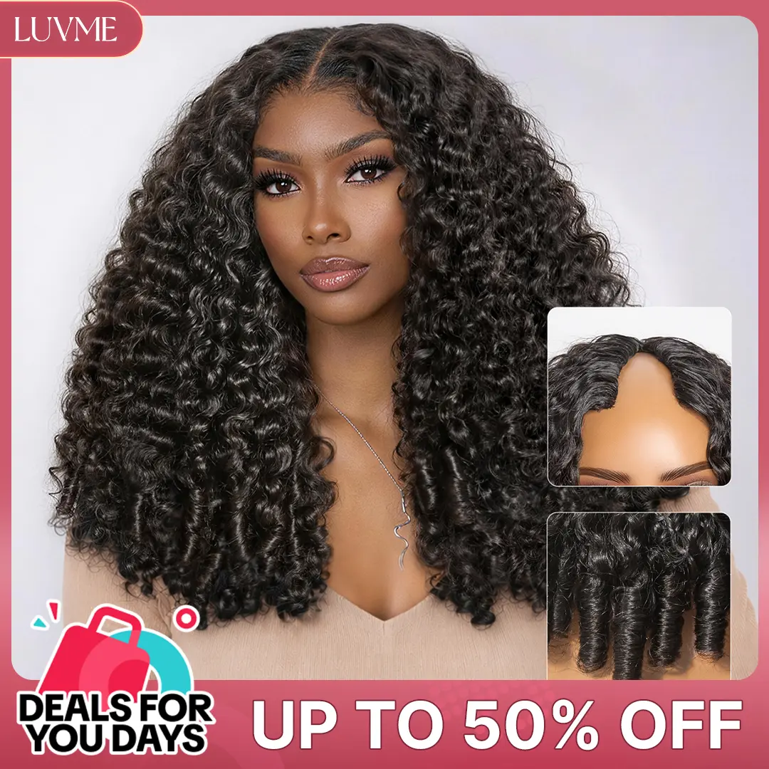 LUVME True Scalp V-Part Lace Glueless Wig, 100% Human Hair, Burmese Curly with Curly Ends, 180% Density, Pre-Covered Edge, Flexi-Fit Drawstring, Glueless Fit #DealsForYouDays, Lace Glueless Wigs, V Part Wig